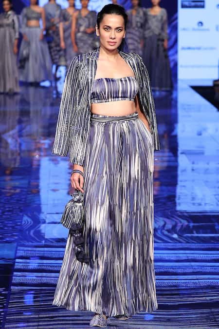 Punit Balana_Blue Silk Chanderi Top Sweetheartjacket Lapel Collar Jacket Pant Set _Online_at_Aza_Fashions