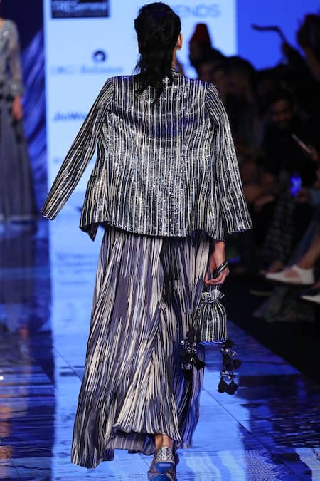 Shop_Punit Balana_Blue Silk Chanderi Top Sweetheartjacket Lapel Collar Jacket Pant Set _at_Aza_Fashions