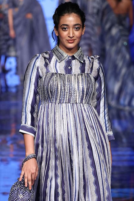 Punit Balana_Blue Satin Silk Shirt Spreadgown Square Embellished Gown _Online_at_Aza_Fashions