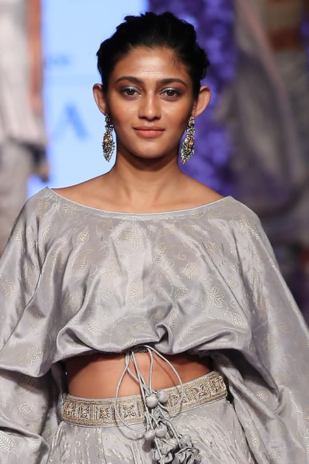 Punit Balana_Grey Satin Silk Boat Embellished Skirt Set _Online_at_Aza_Fashions