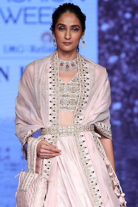 Punit Balana_Pink Silk Chanderi V Neck Lehenga Set _Online_at_Aza_Fashions