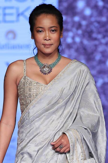 Punit Balana_Grey Satin Silk V Neck Embellished Saree _Online_at_Aza_Fashions