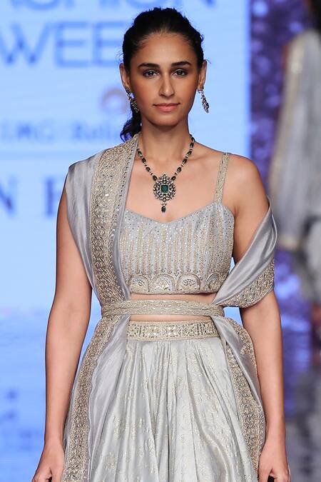 Punit Balana_Grey Silk Chanderi Sweetheart Neck Lehenga Set _Online_at_Aza_Fashions