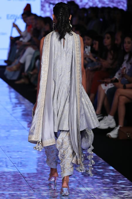 Shop_Punit Balana_Grey Satin Silk V Neck Embellished Kurta Dhoti Pant Set _at_Aza_Fashions