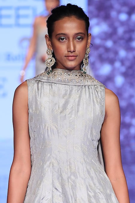 Punit Balana_Grey Satin Silk V Neck Embellished Kurta Dhoti Pant Set _Online_at_Aza_Fashions