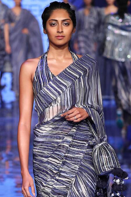 Punit Balana_Blue Chiffon Halter Embellished Saree With Blouse _Online_at_Aza_Fashions