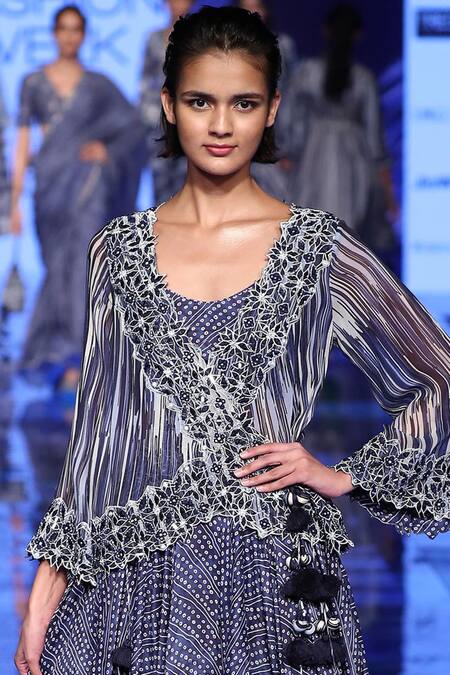 Punit Balana_Blue Silk Chanderi Round Jacket Lehenga Set _Online_at_Aza_Fashions