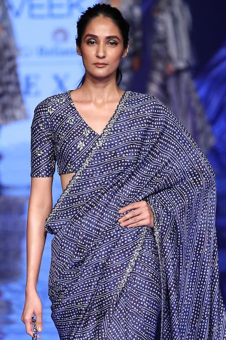 Punit Balana_Blue Satin Silk V Neck Printed Saree With Blouse _Online_at_Aza_Fashions