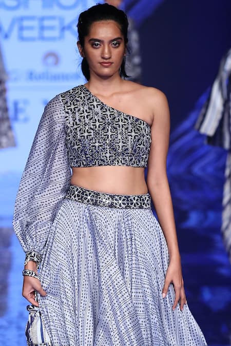 Punit Balana_Blue Silk Chanderi Asymmetric Skirt Set _Online_at_Aza_Fashions