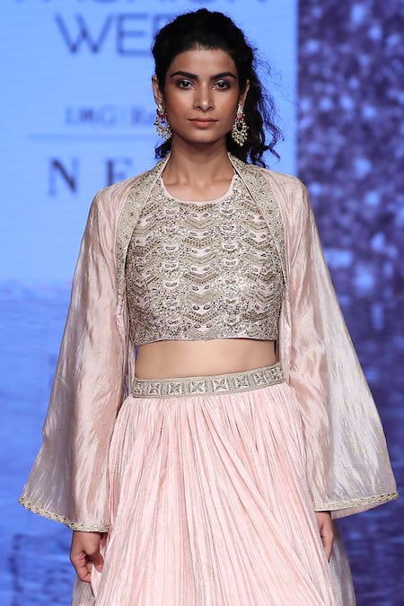 Punit Balana_Pink Silk Chanderi Round Cape Lehenga Set _Online_at_Aza_Fashions