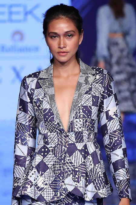 PUNIT BALANA_Blue Silk Chanderi Lapel Collar Pant Set _Online_at_Aza_Fashions