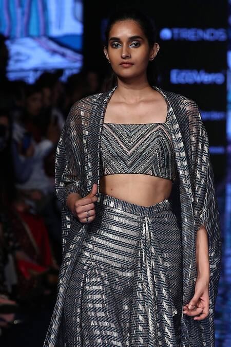 Sva By Sonam & Paras Modi_Blue Chanderi Round Draped Skirt Set_Online_at_Aza_Fashions