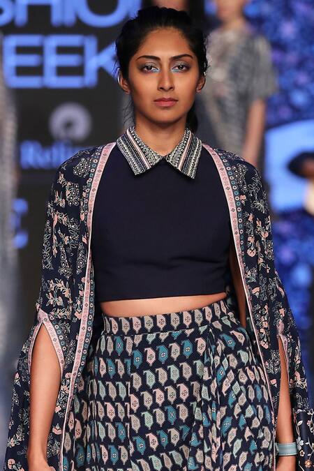 Sva By Sonam & Paras Modi_Blue Denim Crop Top Spread Collar Silk Draped Skirt Set_Online_at_Aza_Fashions