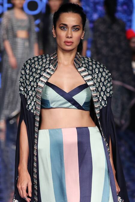 Sva By Sonam & Paras Modi_Blue Cape Silkskirt Satin Silk Band Embellished Skirt Set_Online_at_Aza_Fashions