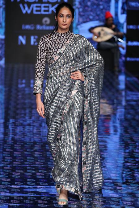 Sva By Sonam & Paras Modi_Blue Saree Chanderiblouse Raw Silkpetticoat Satin Chanderi With Blouse_Online_at_Aza_Fashions