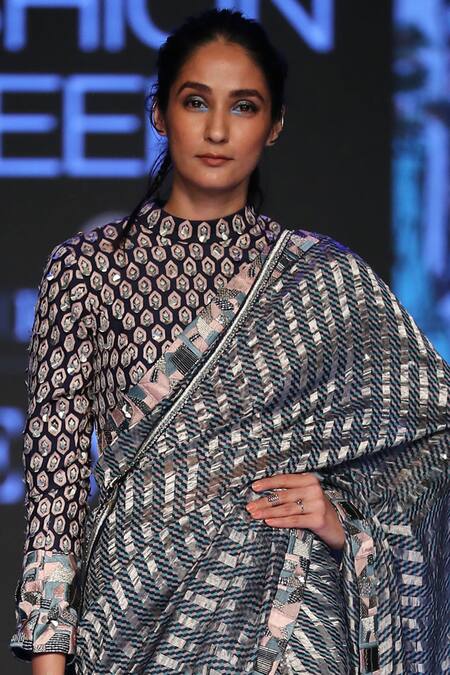 Buy_Sva By Sonam & Paras Modi_Blue Saree Chanderiblouse Raw Silkpetticoat Satin Chanderi With Blouse_Online_at_Aza_Fashions