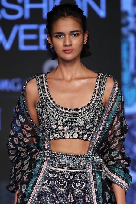 Sva By Sonam & Paras Modi_Blue Raw Silk U Neck Embellished Lehenga Set_Online_at_Aza_Fashions