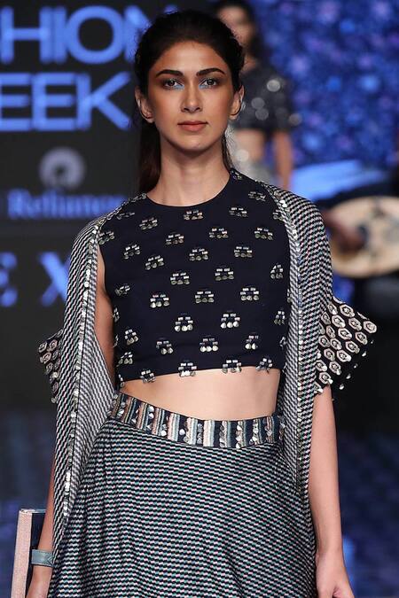 Sva By Sonam & Paras Modi_Blue Raw Silk Round Jacket Lehenga Set_Online_at_Aza_Fashions