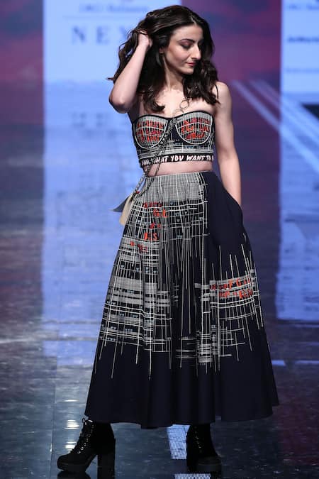 Shop_Shahin Mannan_Blue Jersey Embroidered Midi Skirt _at_Aza_Fashions