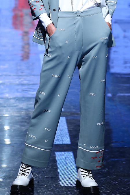 Shahin Mannan_Green Jersey Embroidered Trouser _Online_at_Aza_Fashions