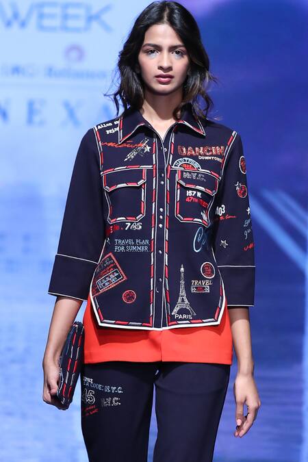 Shahin Mannan_Blue Jersey Spread Collar Embroidered Double Layered Shirt _Online_at_Aza_Fashions