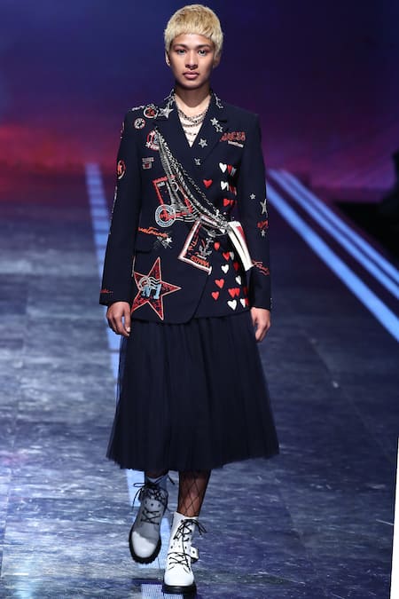 Shahin Mannan Blue Satin, Polyester Coat Collar Embroidered Overlap 