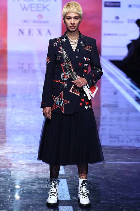 Shahin Mannan_Blue Satin, Polyester Coat Collar Embroidered Overlap _Online_at_Aza_Fashions