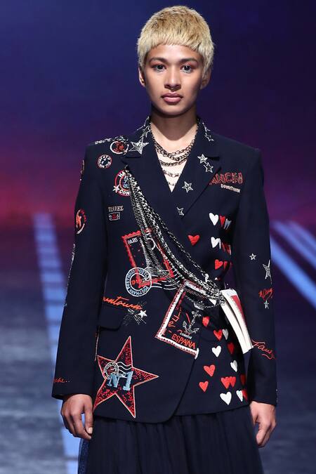 Buy_Shahin Mannan_Blue Satin, Polyester Coat Collar Embroidered Overlap _Online_at_Aza_Fashions