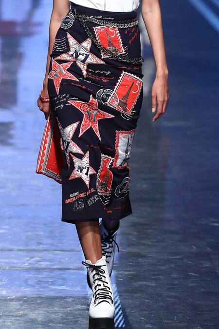 Shahin Mannan_Blue Jersey Embroidered Pencil Skirt  _Online_at_Aza_Fashions