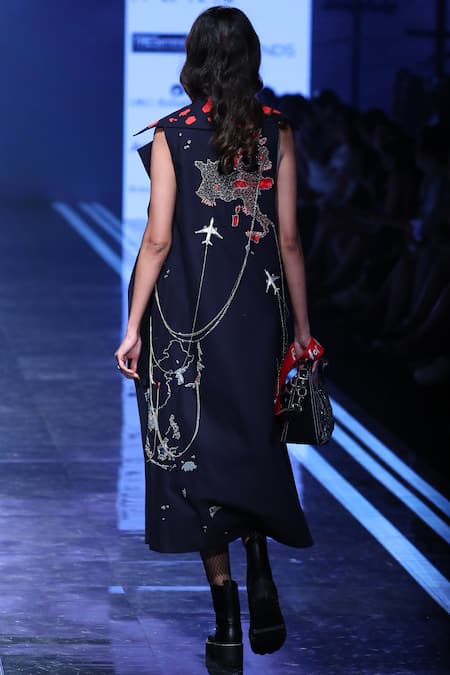 Shop_Shahin Mannan_Blue Jersey Coat Collar Embroidered Jacket _at_Aza_Fashions