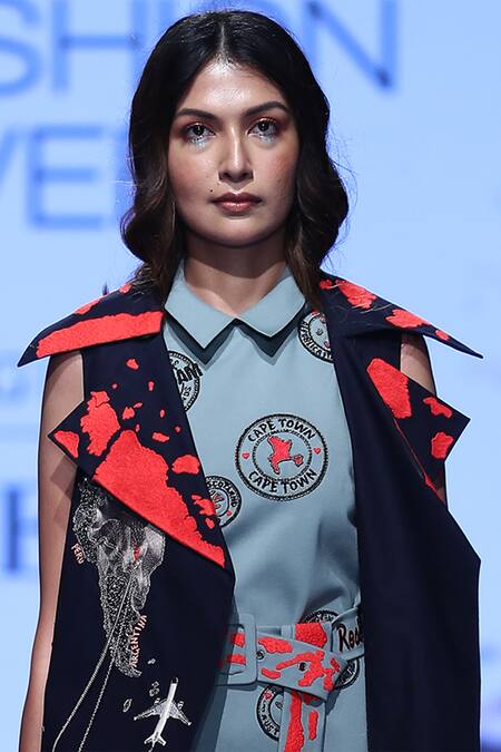 Shahin Mannan_Blue Jersey Coat Collar Embroidered Jacket _Online_at_Aza_Fashions