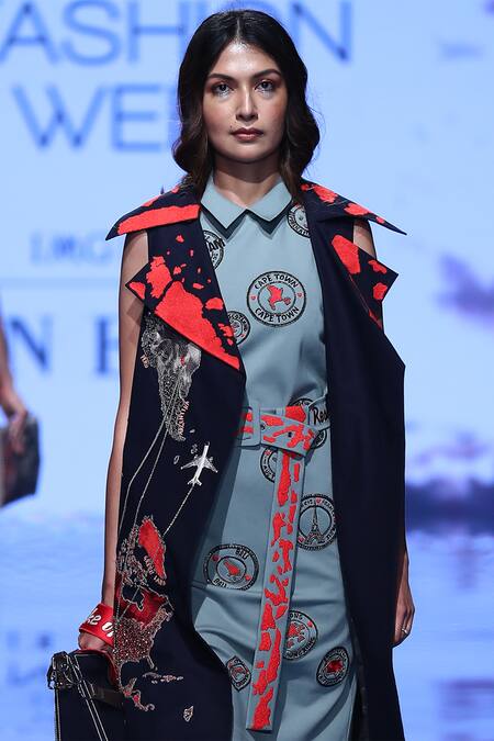 Shahin Mannan_Green Jersey Spread Collar Embroidered Dress _Online_at_Aza_Fashions