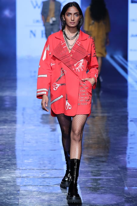 Shahin Mannan Orange Gabardine Coat Collar Embroidered Overlap Jacket 