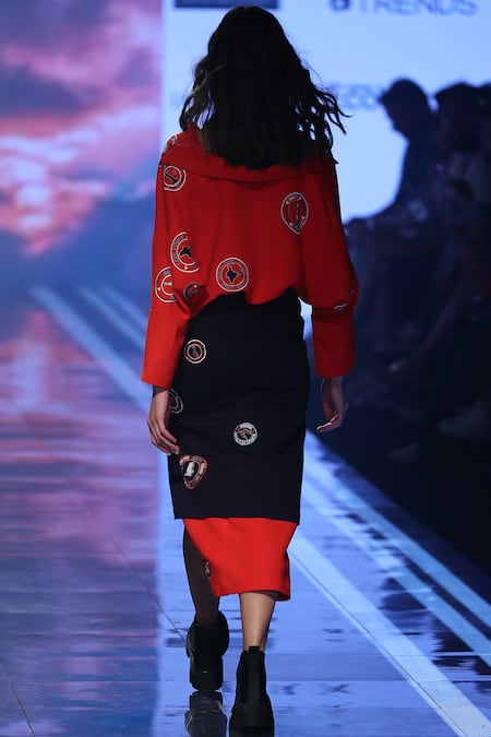 Shop_Shahin Mannan_Orange Polyester, Jersey Layered Midi Skirt _at_Aza_Fashions