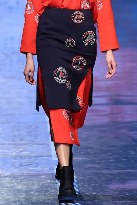 Shahin Mannan Orange Polyester, Jersey Layered Midi Skirt Online at Aza Fashions Shahin Mannan_Orange Polyester, Jersey Layered Midi Skirt _Online_at_Aza_Fashions