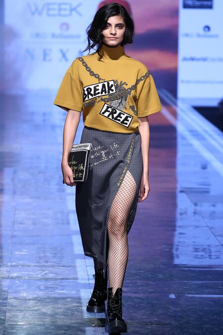 Shahin Mannan_Yellow Satin, Polyester Embroidered Checkered Skirt _Online_at_Aza_Fashions