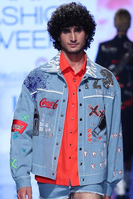 Shahin Mannan_Blue Denim Embroidered Jacket _Online_at_Aza_Fashions