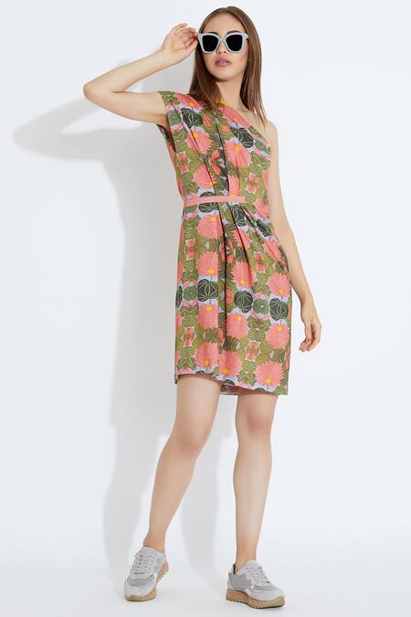 Shop_Aartivijay Gupta_Green Silk One Shoulder Dress_Online_at_Aza_Fashions