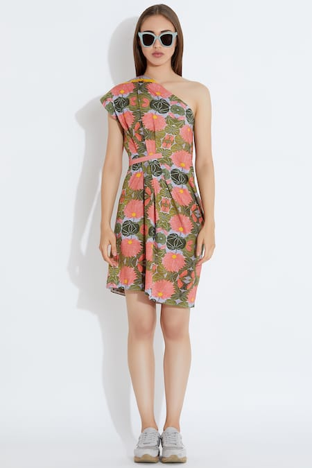 Buy_Aartivijay Gupta_Green Silk One Shoulder Dress_Online_at_Aza_Fashions