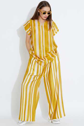 Shop_Aartivijay Gupta_Yellow Silk Striped Tunic_Online_at_Aza_Fashions