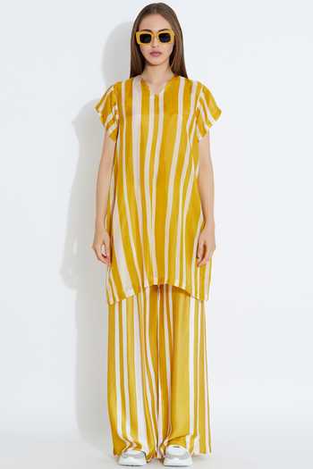 Aartivijay Gupta_Yellow Silk Striped Tunic_Online_at_Aza_Fashions