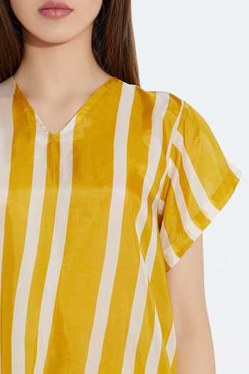 Aartivijay Gupta_Yellow Silk Striped Tunic_at_Aza_Fashions