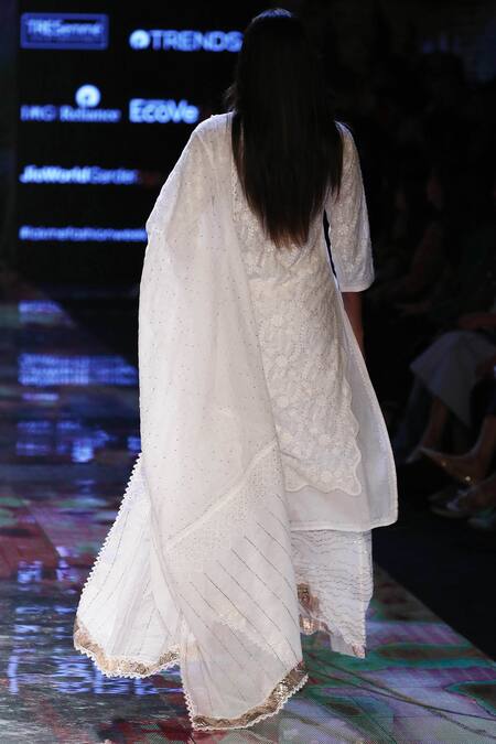 Shop_House Of Kotwara_White Lawn Cotton Round Chikan Kamdani Kurta Palazzo Set  _at_Aza_Fashions