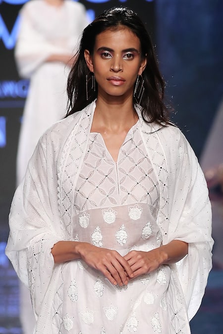 Shop_House of Kotwara_White Organdy Round Chikan Kamdani Kurta Set  _at_Aza_Fashions