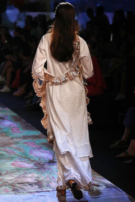 Shop_House of Kotwara_White Lawn Cotton Round Kamdani Kurta Palazzo Set  _at_Aza_Fashions