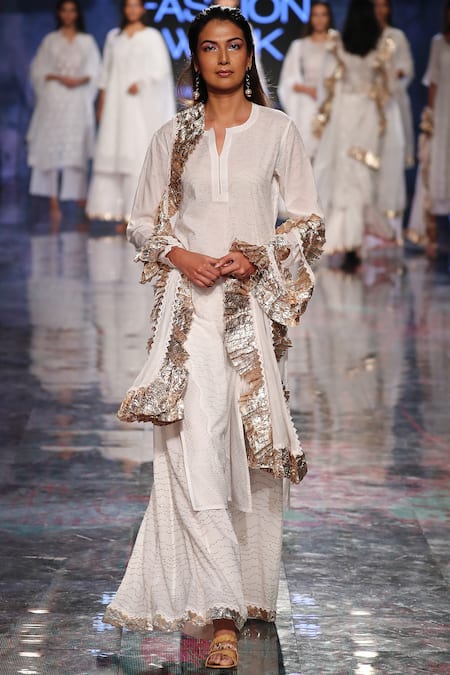 House of Kotwara_White Lawn Cotton Round Kamdani Kurta Palazzo Set  _Online_at_Aza_Fashions