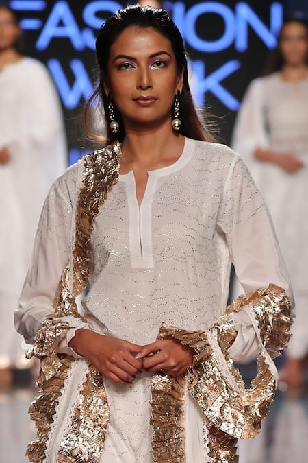 Buy_House of Kotwara_White Lawn Cotton Round Kamdani Kurta Palazzo Set  _Online_at_Aza_Fashions