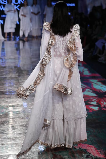 Shop_House of Kotwara_White Organdy Band Collar Chikan Kamdani Kurta Set  _at_Aza_Fashions