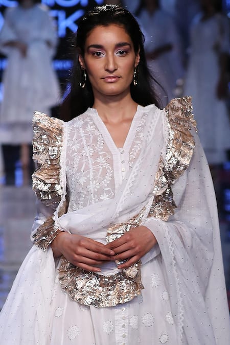 House of Kotwara_White Organdy Band Collar Chikan Kamdani Kurta Set  _Online_at_Aza_Fashions