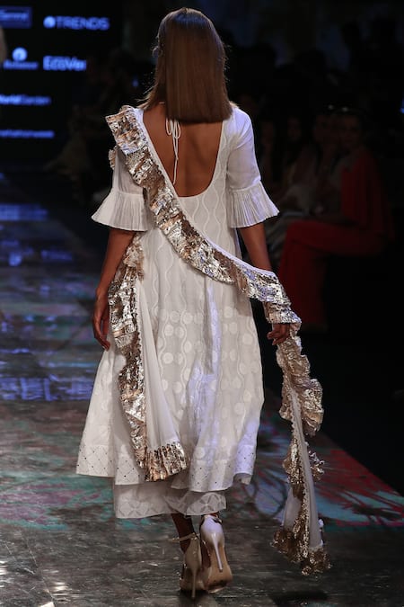 Shop_House Of Kotwara_White Organdy Round Chikan Kamdani Kurta Palazzo Set  _at_Aza_Fashions